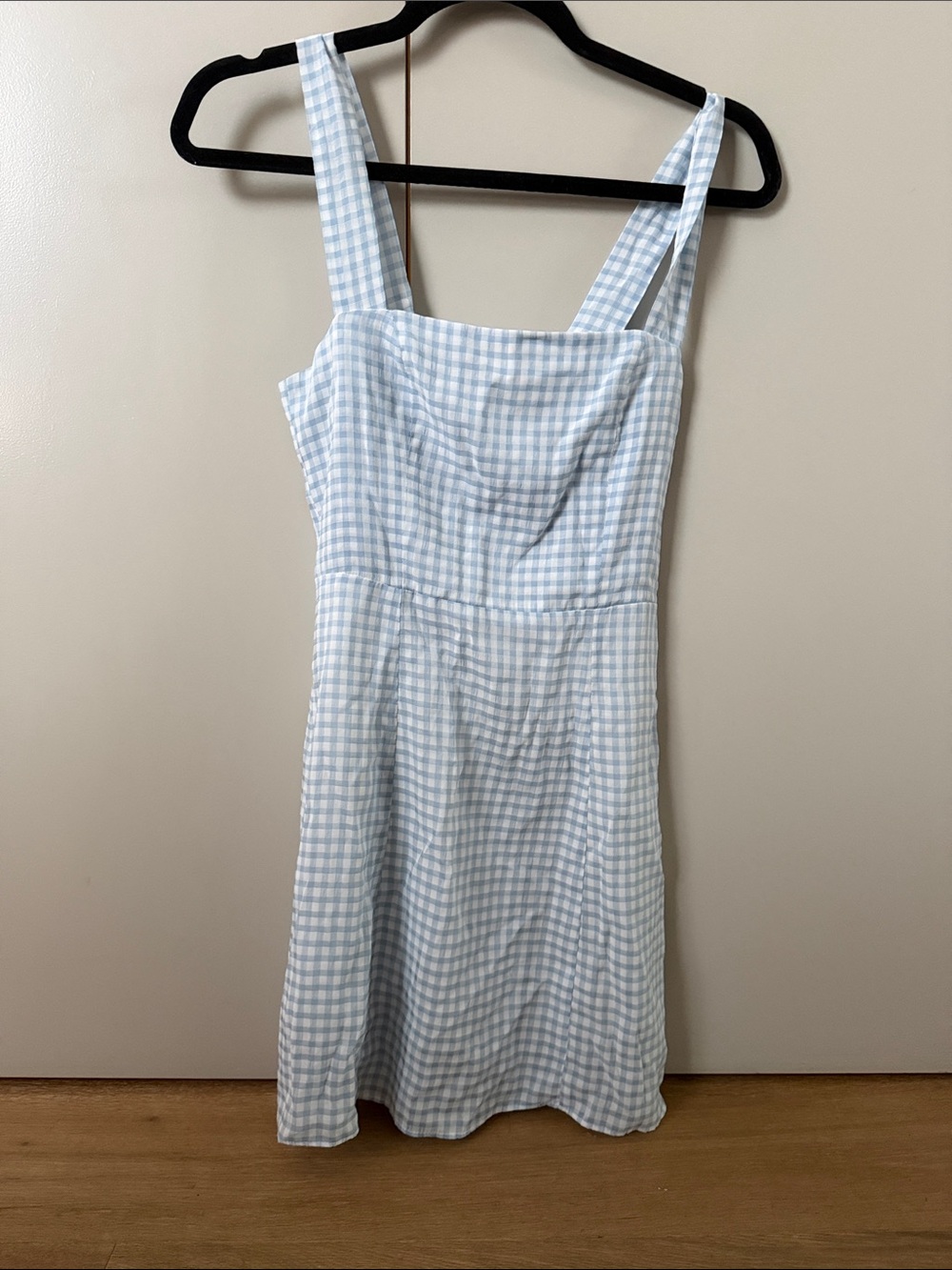 Gingham Square-Neck Mini Dress in Light Blue